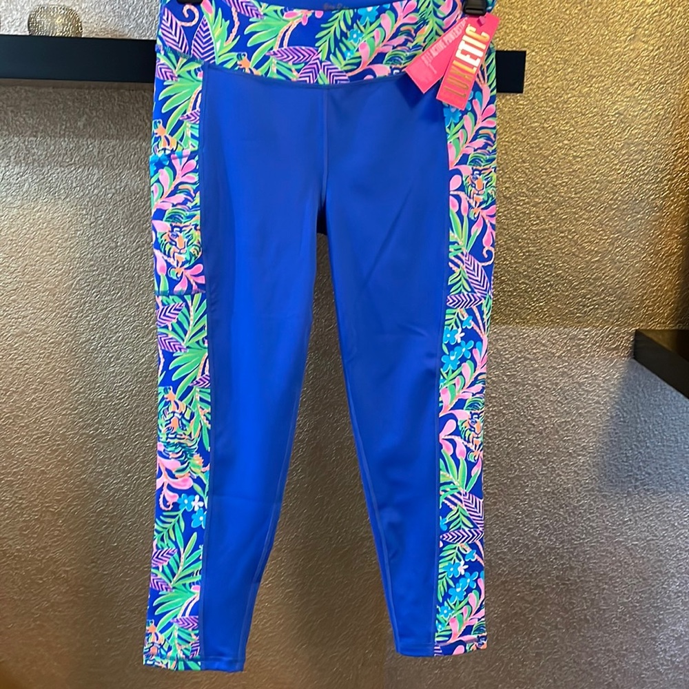 LILLY PULITZER LUXLETIC WEEKENDER MID -RISE LEGGINGS BOREALIS BLUE NEW! L